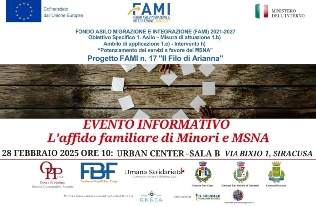 Siracusa: evento informativo su affido familiare per minori e MSNA, venerdì 28 febbraio