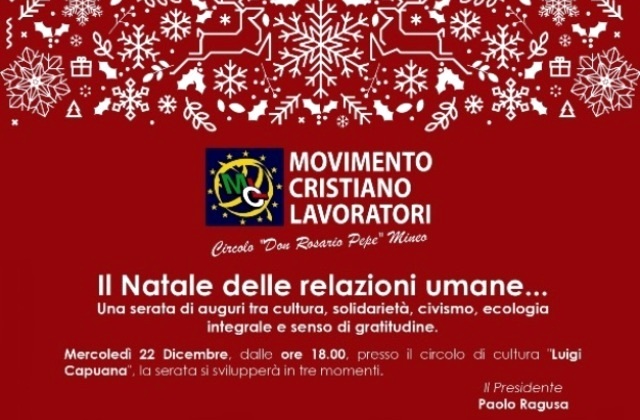 MCL Mineo: "Il Natale delle relazioni umane", mercoledì 22 dicembre, ore 18, al Circolo di cultura "Luigi Capuana". Serata di Auguri