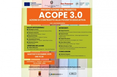 Enna. Conferenza di Presentazione del Progetto “Acope 3.0” – Azioni di contrasto alla povertà educativa, martedì 9 dicembre, alle ore 15.30