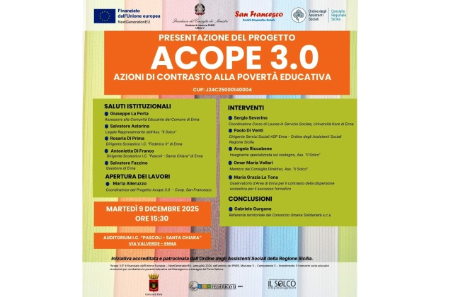 Enna. Conferenza di Presentazione del Progetto “Acope 3.0” – Azioni di contrasto alla povertà educativa, martedì 9 dicembre, alle ore 15.30