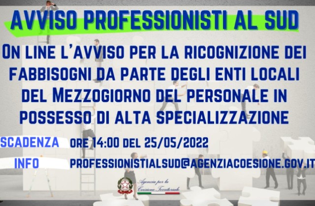 Professionisti al Sud: online l’avviso per la ricognizione dei fabbisogni degli enti locali del Mezzogiorno di personale in possesso di alta specializzazione