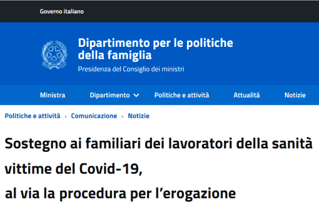 Sostegno ai familiari dei lavoratori della sanità vittime del Covid-19, al via la procedura per l’erogazione