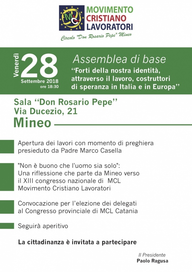 “NON È BUONO CHE L’UOMO SIA SOLO”: UNA RIFLESSIONE CHE PARTE DA MINEO VERSO IL XIII CONGRESSO NAZIONALE DI MCL