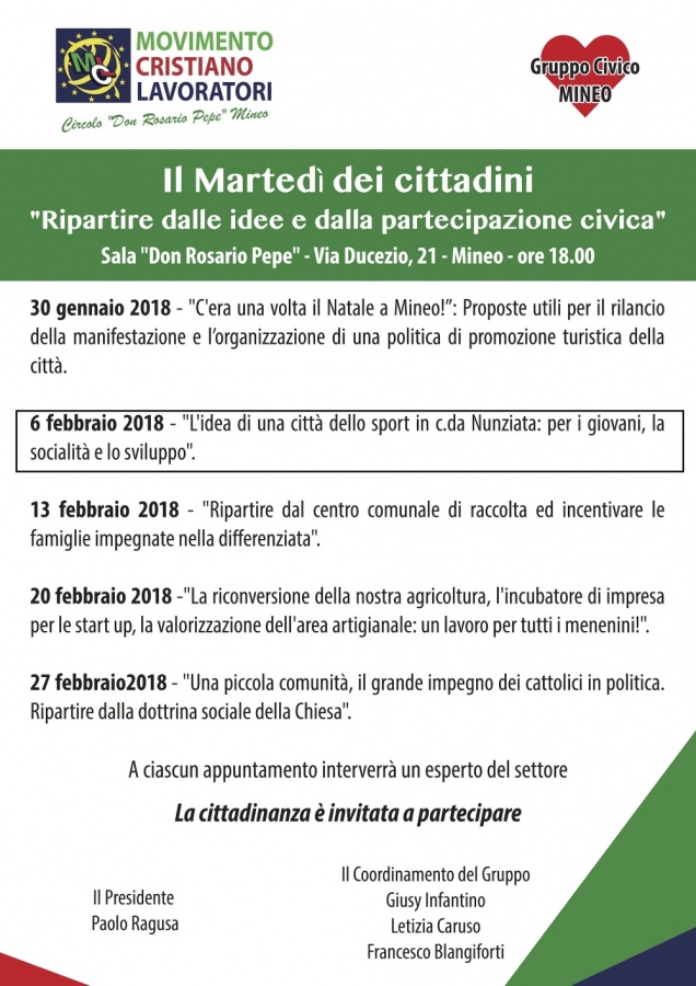 IL 2° MARTEDÌ DEI CITTADINI: “L’IDEA DI UNA CITTÀ DELLO SPORT IN C. DA NUNZIATA: PER I GIOVANI, LA SOCIALITÀ E LO SVILUPPO”