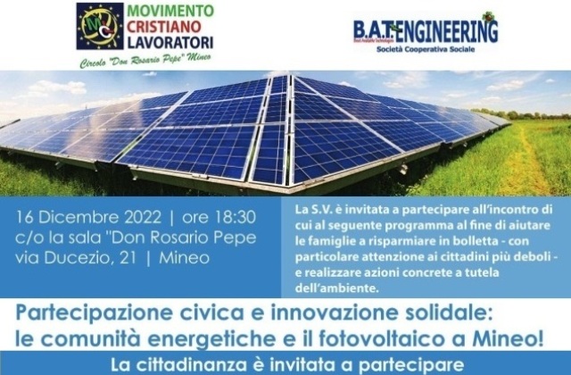 A Mineo, venerdì 16 dicembre, ore 18.30, incontro sul tema ‘Partecipazione civica ed innovazione solidale: le comunità energetiche e il fotovoltaico a Mineo!’ 