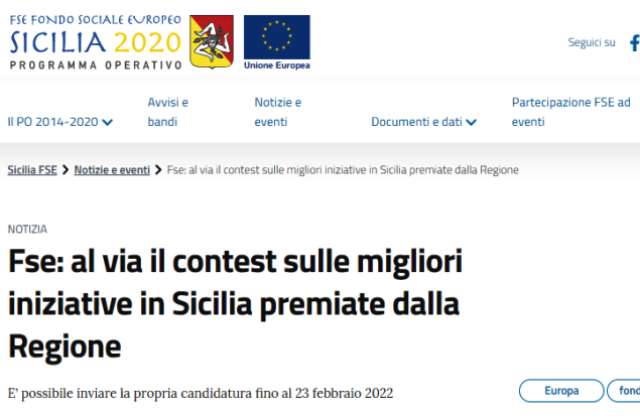 Fse: al via il contest sulle migliori iniziative in Sicilia premiate dalla Regione