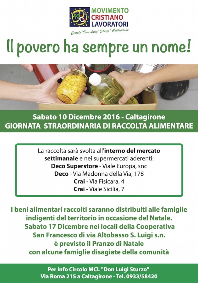 “IL POVERO HA SEMPRE UN NOME”: A CALTAGIRONE IL 10 DICEMBRE LA GIORNATA STRAORDINARIA DI RACCOLTA ALIMENTARE