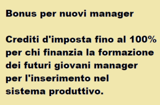 Spunta il bonus nuovi manager. Crediti d’imposta fino al 100% per chi finanzia la formazione dei futuri giovani manager per l’inserimento nel sistema produttivo. 