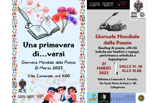 Caltagirone. Giornata mondiale poesia: oggi, martedì 21 marzo, alla Villa “Una primavera di… versi” e, nella biblioteca comunale, reading di poesie, attività ludiche per bambini e ragazzi, performance artistiche e degustazioni