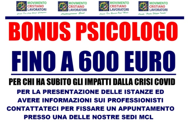 Assistenza psicologica anti Covid. C'è il "Bonus Psicologo" fino a 600 euro: domande presso le sedi MCL del Calatino, fino al 24 ottobre 2022