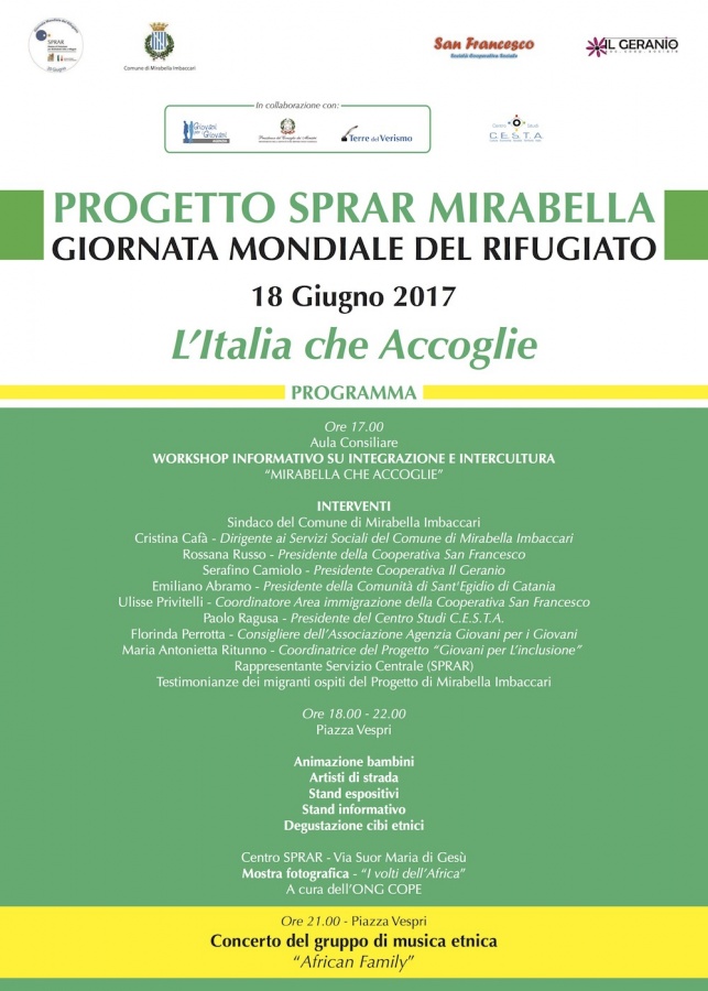 IL 18 GIUGNO A MIRABELLA IMBACCARI LA GIORNATA MONDIALE DEL RIFUGIATO: “L’ITALIA CHE ACCOGLIE”