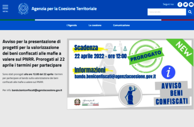 Avviso dell’Agenzia coesione territoriale per presentare progetti per valorizzare beni confiscati a mafie a valere sul PNRR