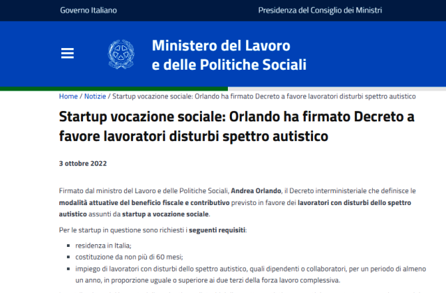 Startup vocazione sociale: Orlando ha firmato Decreto a favore lavoratori disturbi spettro autistico