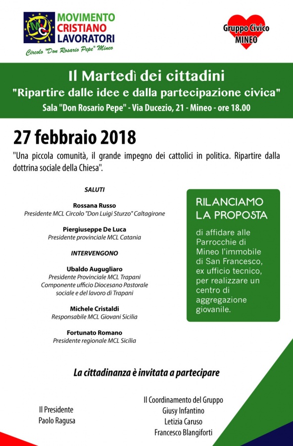 IL 5° MARTEDÌ DEI CITTADINI: “UNA PICCOLA COMUNITÀ, IL GRANDE IMPEGNO DEI CATTOLICI IN POLITICA. RIPARTIRE DALLA DOTTRINA SOCIALE DELLA CHIESA”  