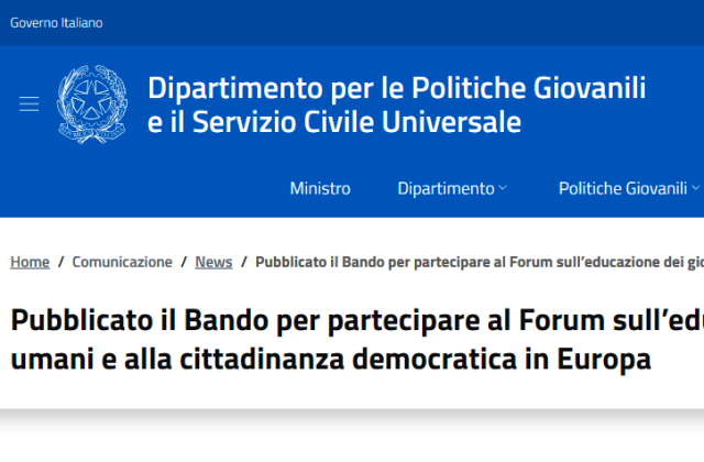 Pubblicato il Bando per partecipare al Forum sull’educazione dei giovani ai diritti umani e alla cittadinanza democratica in Europa