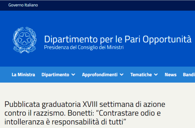 Pubblicata graduatoria XVIII settimana di azione contro il razzismo. Bonetti: “Contrastare odio e intolleranza è responsabilità di tutti”