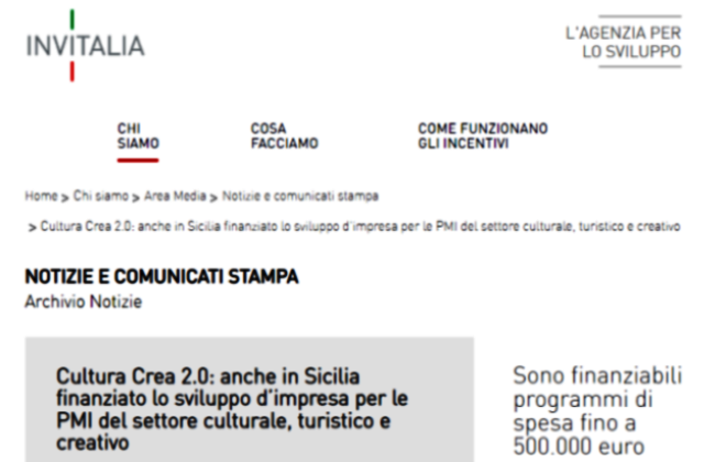 Cultura Crea 2.0: anche in Sicilia finanziato lo sviluppo d’impresa per le PMI del settore culturale, turistico e creativo