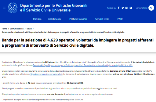 Bando per selezionare 4.629 operatori volontari da impiegare in progetti afferenti a programmi di intervento di Servizio civile digitale