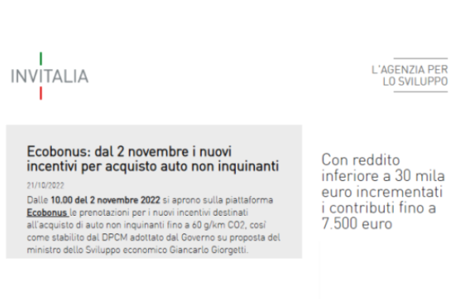 Invitalia. Ecobonus: dal 2 novembre i nuovi incentivi per acquisto auto non inquinanti