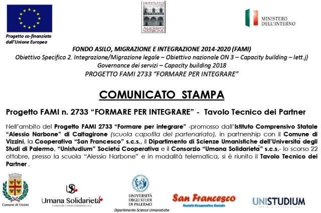 Progetto FAMI 2733 FORMARE PER INTEGRARE. Si è riunito il "Tavolo Tecnico dei Partner" 