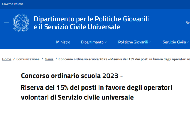 Concorso ordinario scuola 2023 - Riserva del 15% dei posti in favore degli operatori volontari di Servizio civile universale