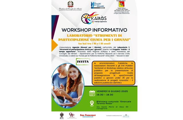 Caltagirone. Progetto "Kairos". Workshop informativo: laboratorio "Strumenti di partecipazione civica per i Giovani"