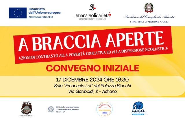 A Braccia Aperte – azioni di contrasto alla povertà educativa ed alla dispersione scolastica. Si presenta il 17 dicembre ad Adrano