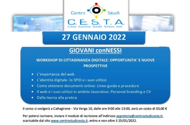 "GIOVANI conNESSI" - 27 GENNAIO 2022. WORKSHOP DI CITTADINANZA DIGITALE OPPORTUNITA' E NUOVE PROSPETTIVE