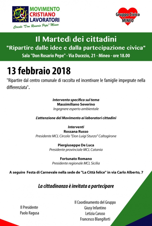 Mineo - IL 3° MARTEDÌ DEI CITTADINI: “RIPARTIRE DAL CENTRO COMUNALE DI RACCOLTA E INCENTIVARE LE FAMIGLIE IMPEGNATE NELLA DIFFERENZIATA”