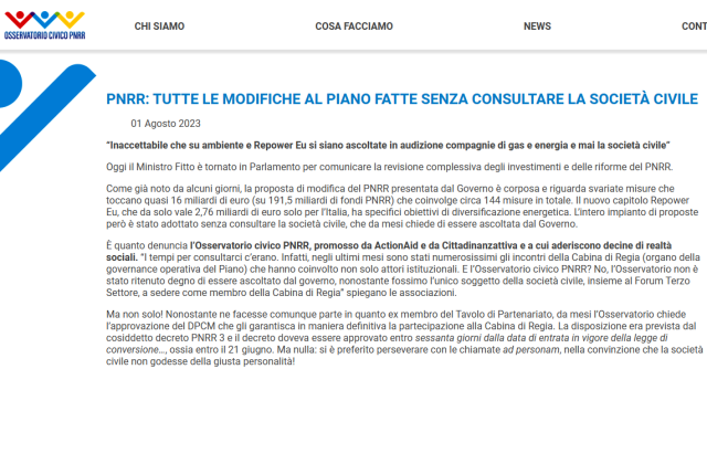 PNRR: tutte le modifiche al Piano fatte senza consultare la società civile. Osservatorio Civico PNRR: “Inaccettabile che su ambiente e Repower Eu si siano ascoltate in audizione compagnie di gas e energia e mai la società civile”