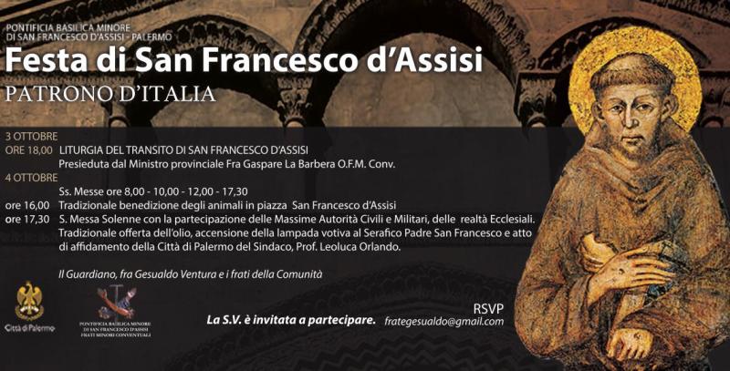 Festa di San Francesco d'Assisi con Fra Gaspare La Barbera, Ministro prov. OFM conv., il 3 e 4 ottobre a Palermo