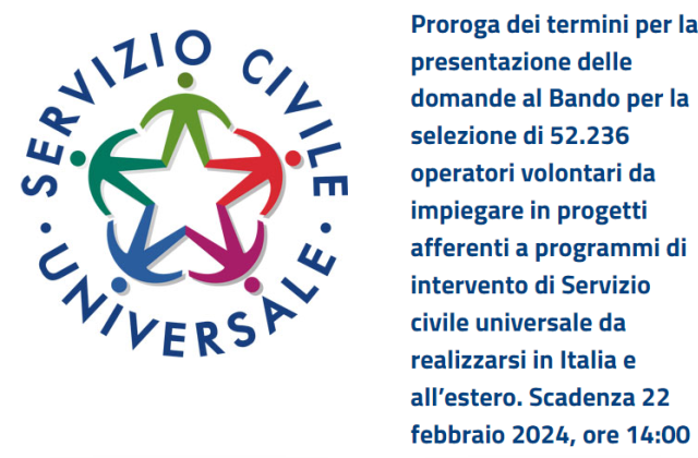 Dipartimento Politiche Giovanili e Servizio Civile Universale. Proroga termini per presentare domande Bando selezione 52.236 operatori volontari Servizio civile universale Italia-Estero