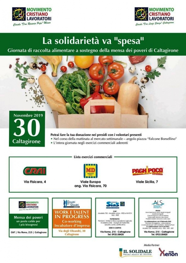 MCL raccoglie Alimenti sabato 30 novembre, per la Mensa dei Poveri di Caltagirone