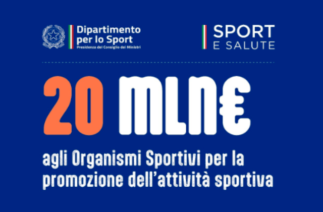 20 milioni di euro agli Organismi Sportivi per finanziare progetti per la promozione sportiva