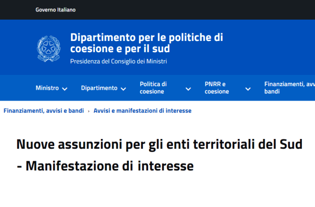 Nuove assunzioni per gli enti territoriali del Sud - Manifestazione di interesse, fino alle ore 12:00 di martedì 30 gennaio 2024