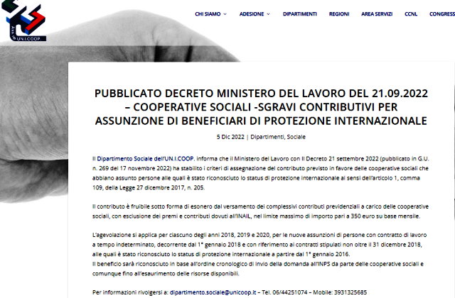 UN.I.COOP. : Pubblicato decreto Ministero del Lavoro del 21.09.2022 – Cooperative sociali - Sgravi contributivi per assunzione di beneficiari di protezione internazionale