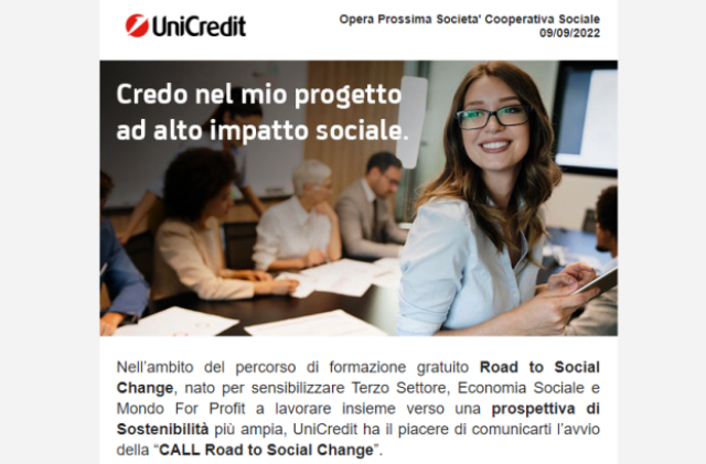 La Cooperativa sociale "Opera Prossima" presieduta da Giusepina Infantino, ha aderito alla  “CALL Road to Social Change”