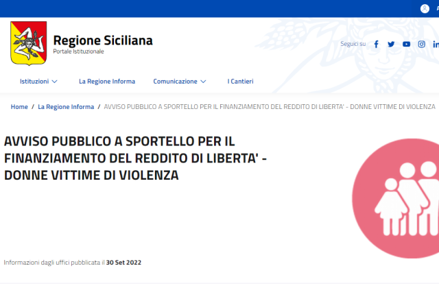 Regione Siciliana. Avviso pubblico a sportello per il finanziamento del “Reddito di libertà” - Donne vittime di violenza