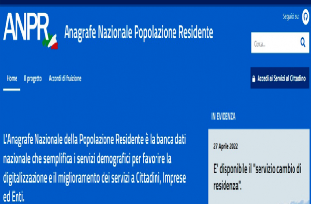 Attivo il servizio on line per il cambio di residenza sul portale Anagrafe Nazionale Popolazione Residente