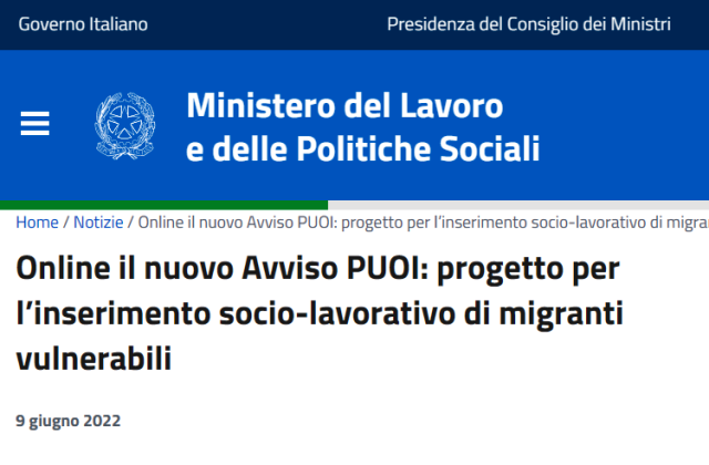 Online il nuovo Avviso PUOI: progetto per l’inserimento socio-lavorativo di migranti vulnerabili