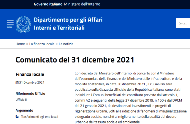 Dipartimento per gli Affari Interni e Territoriali. Comunicato del 31 dicembre 2021