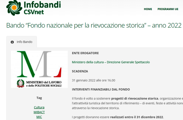 Bando “Fondo nazionale per la rievocazione storica” – anno 2022