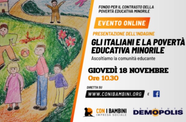 18 novembre: Presentazione online indagine Demopolis “Gli italiani e la povertà educativa minorile – Ascoltiamo le comunità educanti”.